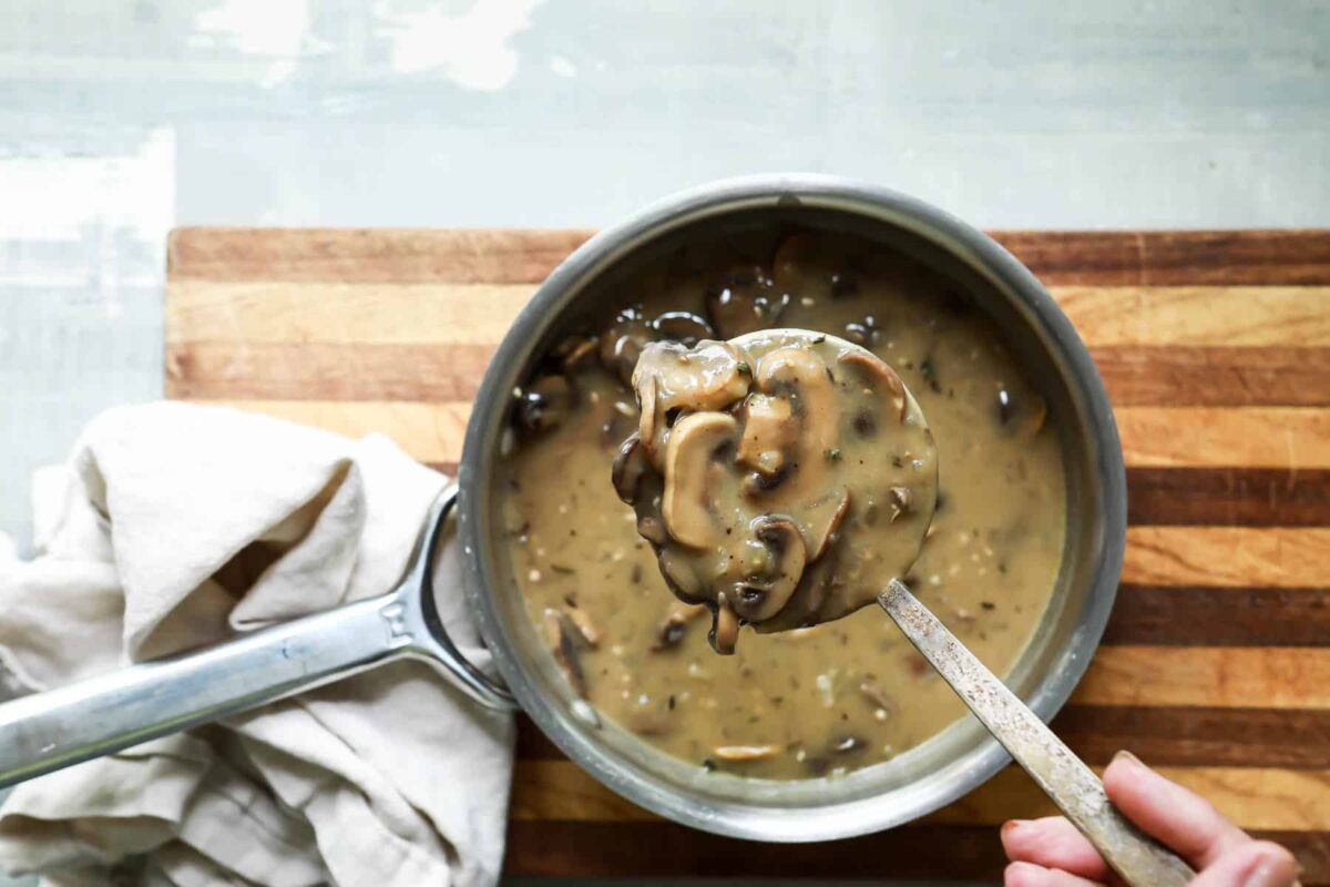 A saucepan full of vegan mushroom gravy.