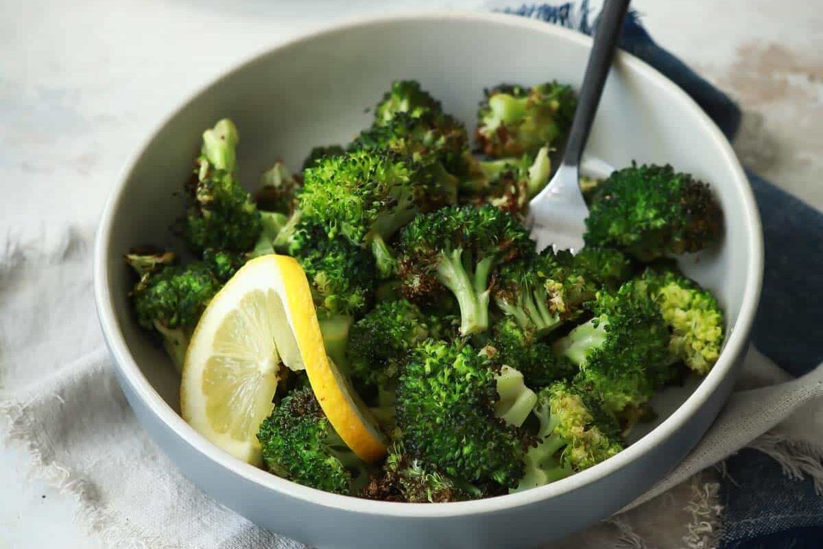 A small bowl of air fryer broccoli.