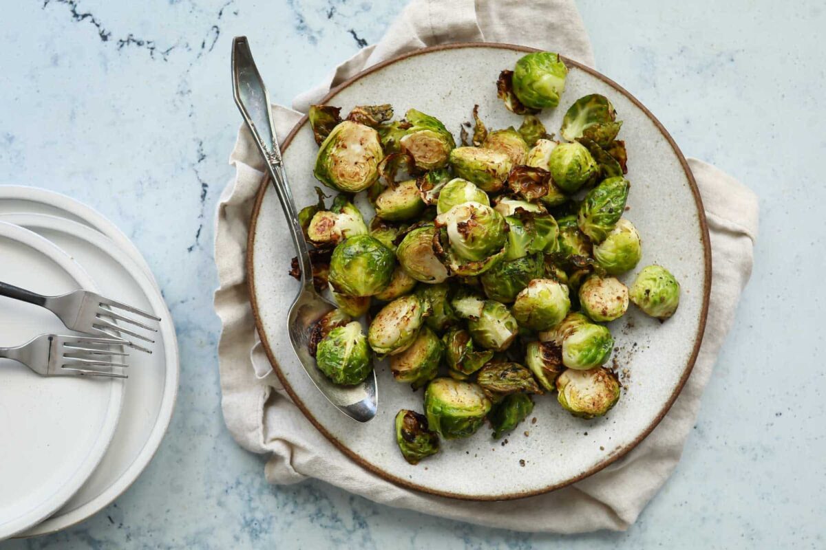 A plate of air fryer Brussels sprouts.