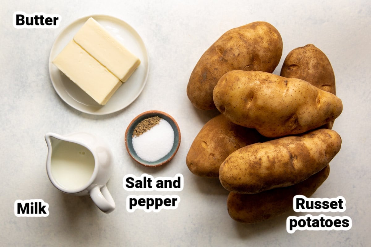 Labeled ingredients for air fryer mashed potatoes.