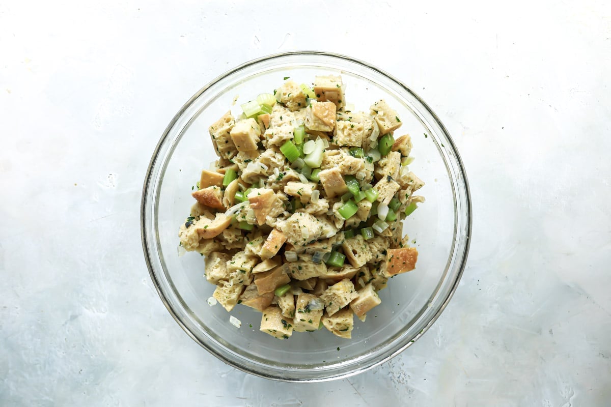 Uncooked stuffing mix in a bowl.
