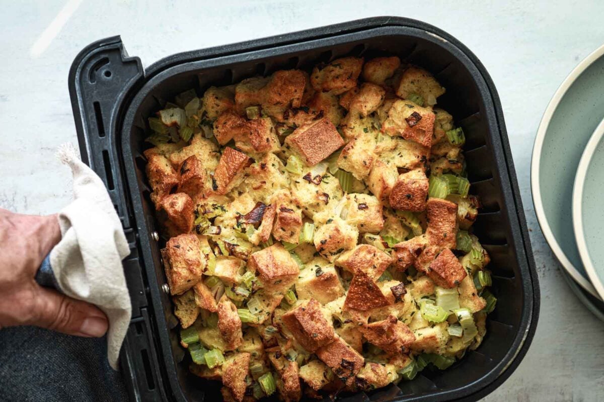 Stuffing in an air fryer basket.