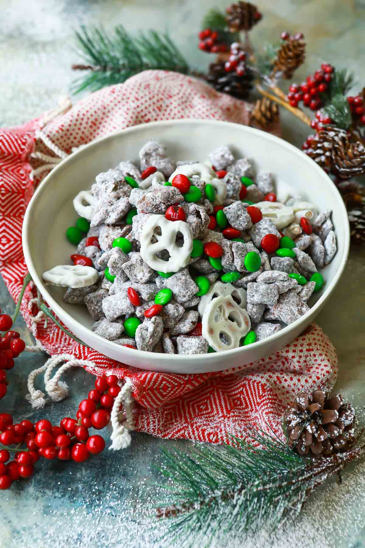 A bowl of Christmas puppy chow.