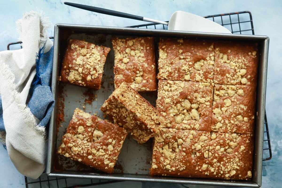 Square slices of coffee cake in a baking pan.