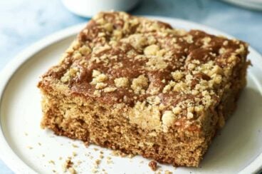 A piece of coffee cake on a small plate.