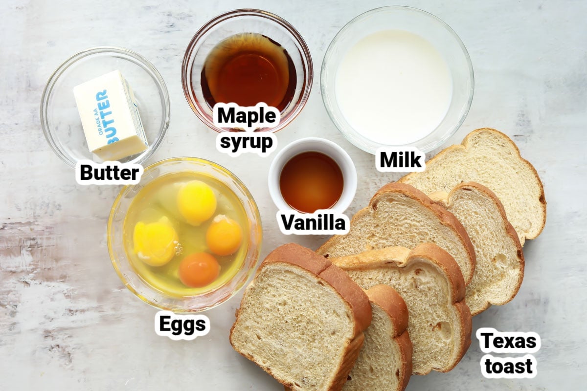 Labeled ingredients for French Toast.