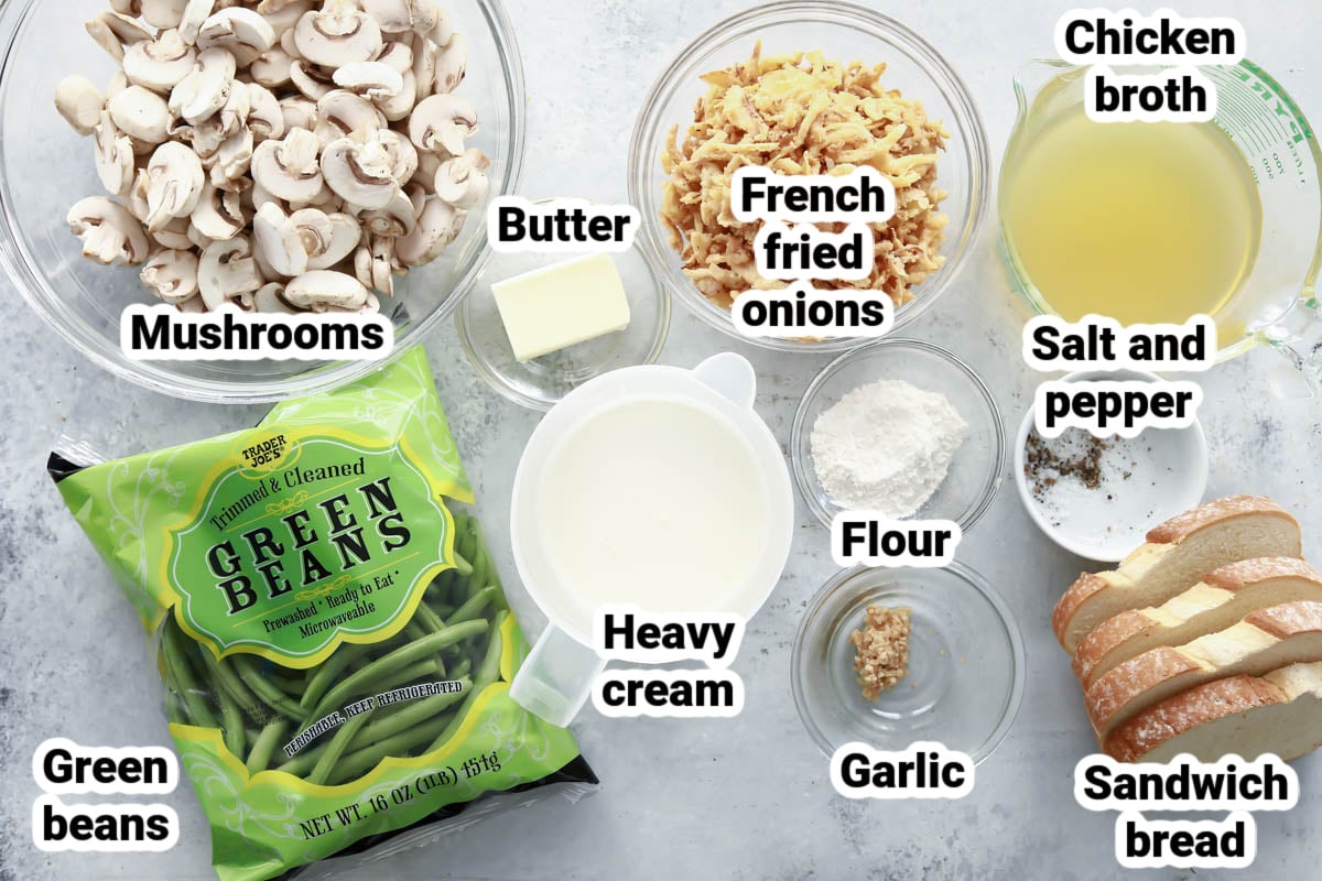 Labeled ingredients for green bean casserole.