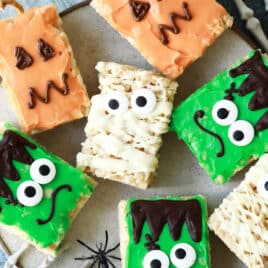A platter of assorted Halloween rice krispie treats.