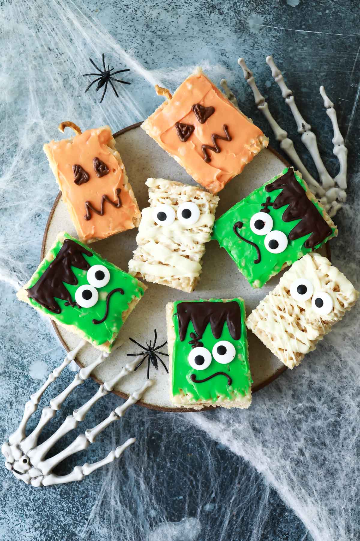 A platter of assorted Halloween rice krispie treats.