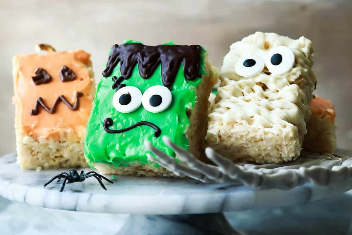 A platter of assorted Halloween rice krispie treats.