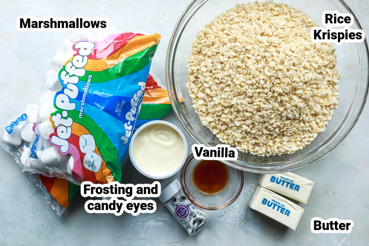 Labeled ingredients for Halloween Rice Krispie Treats.