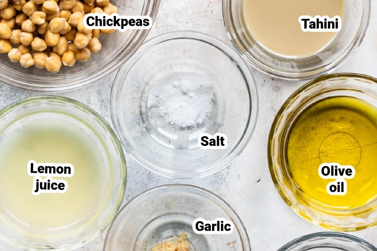 Ingredients for homemade hummus, labeled.