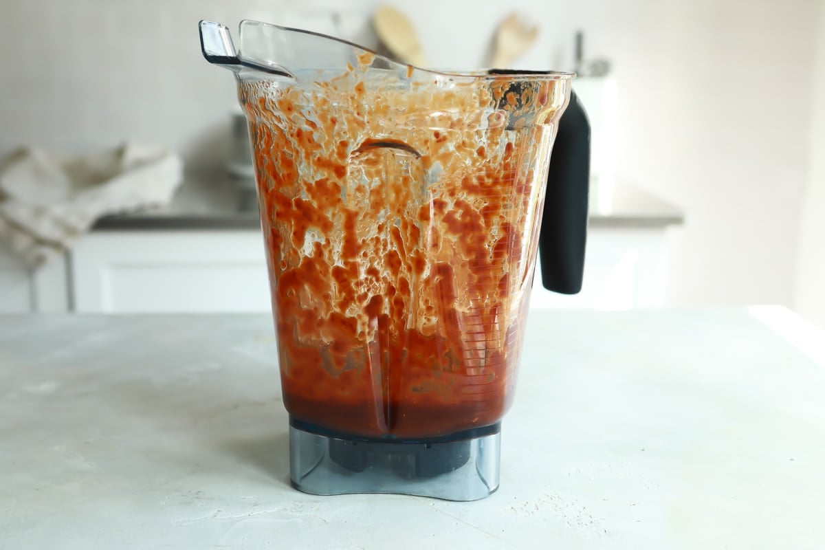 Chile sauce for Pozole Rojo in a blender.