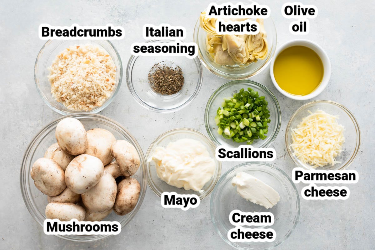 Labeled ingredients for stuffed mushrooms.