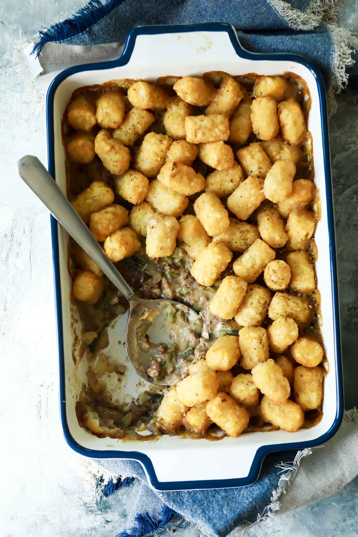 A pan of tater tot casserole.