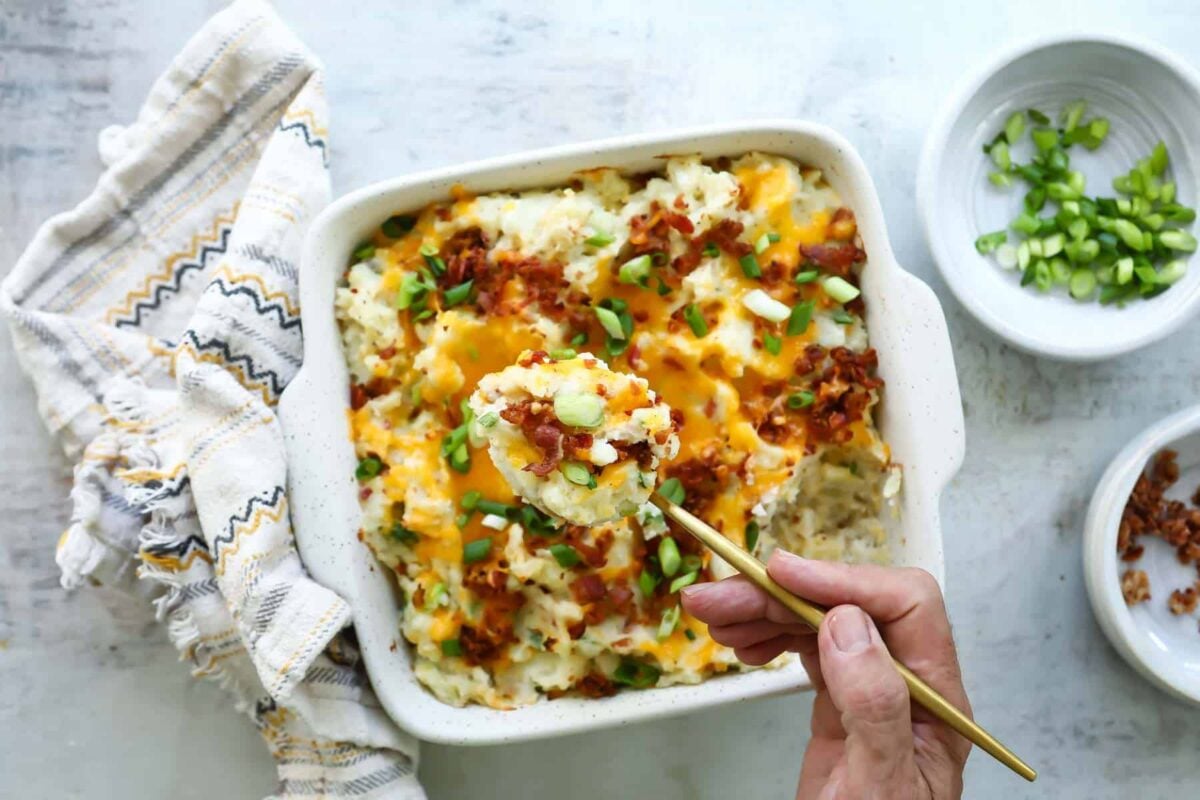 A baking dish of twice baked potatoes casserole.