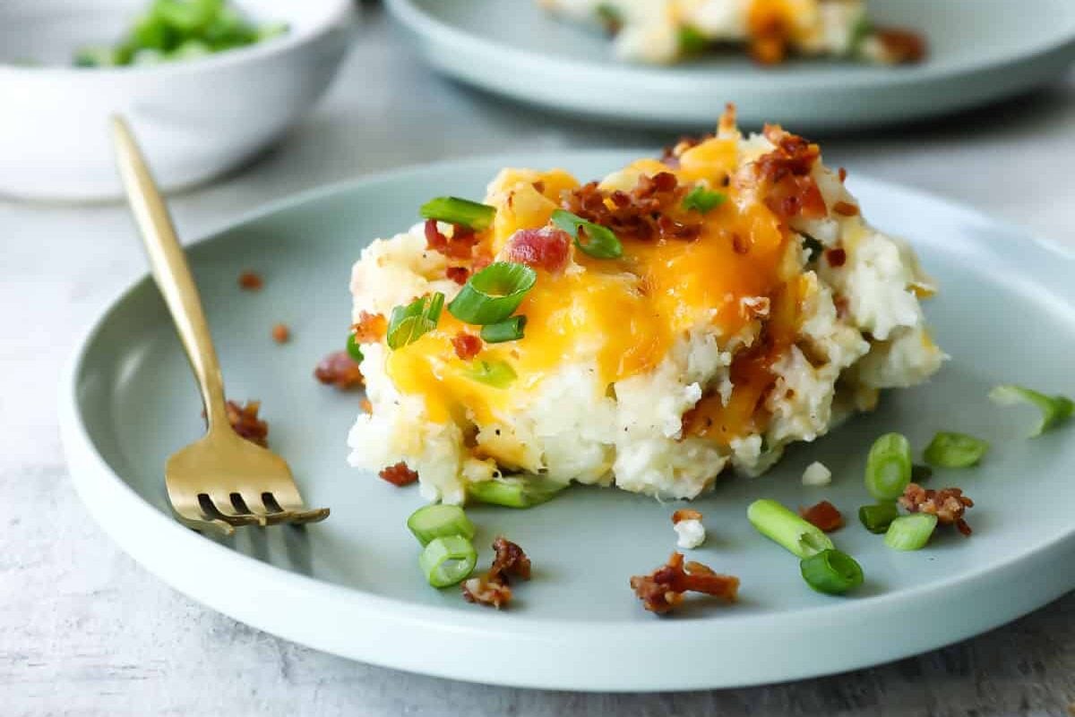 A plate of twice baked potato casserole.
