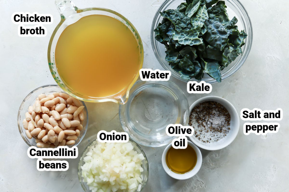 Labeled ingredients for white bean and kale soup.