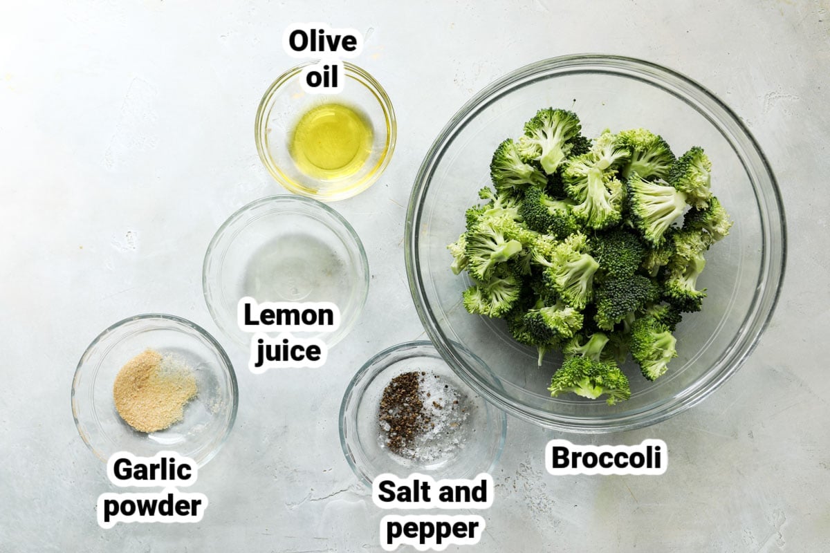 Labeled ingredients for air fryer broccoli.