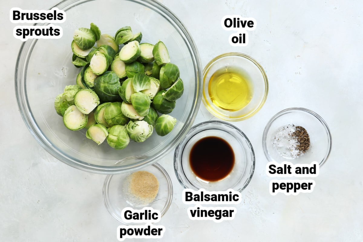 Labeled ingredients for air fryer Brussels sprouts.