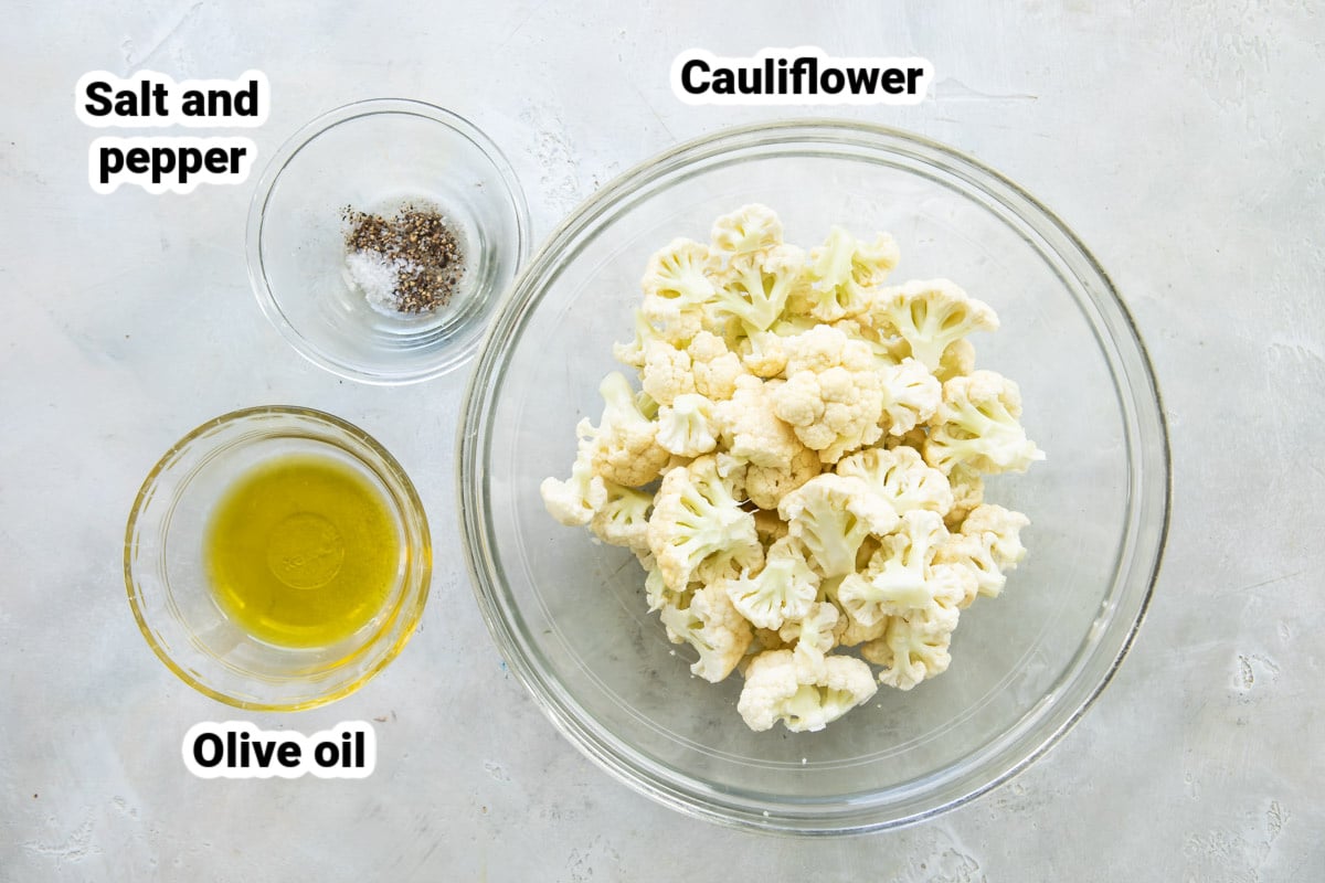 Labeled ingredients for air fryer cauliflower.