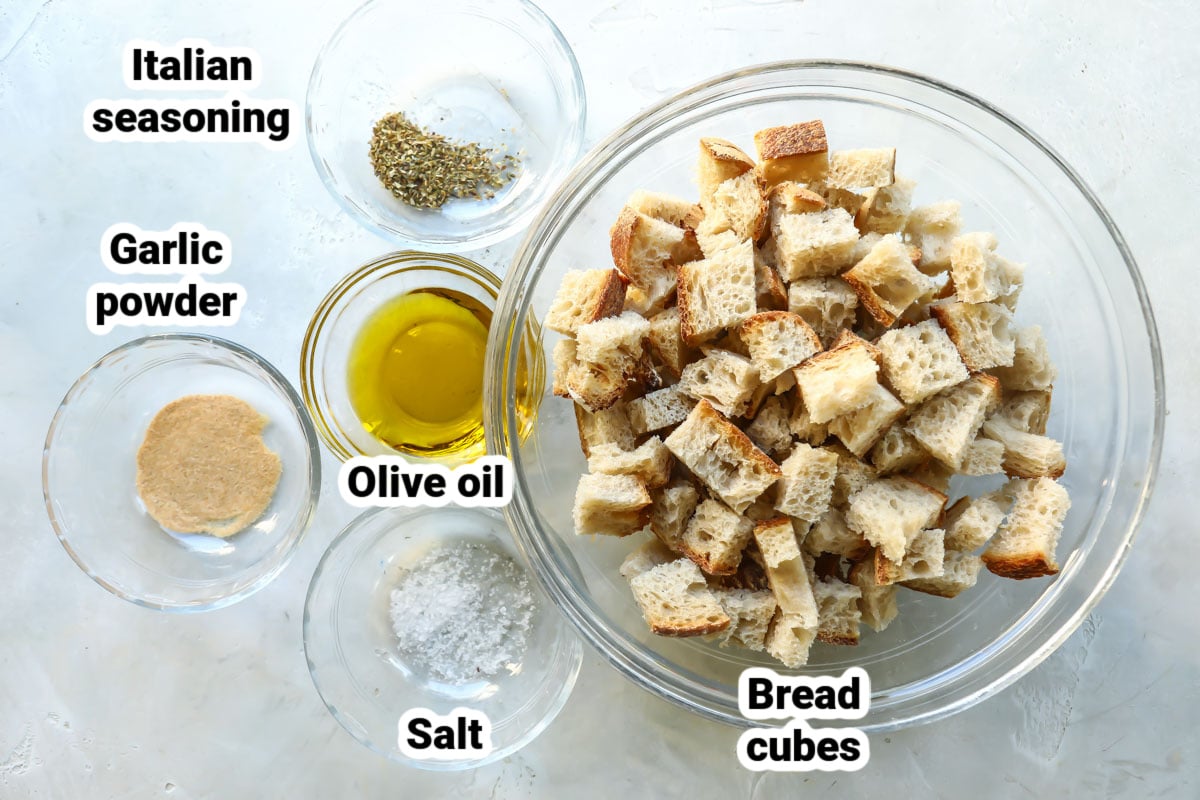 Labeled ingredients for air fryer croutons.