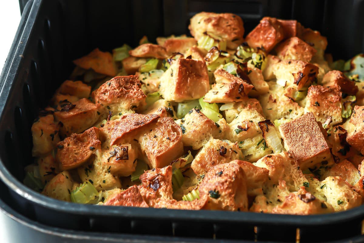 Stuffing in an air fryer basket.