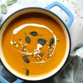 Butternut squash soup in a Dutch oven.