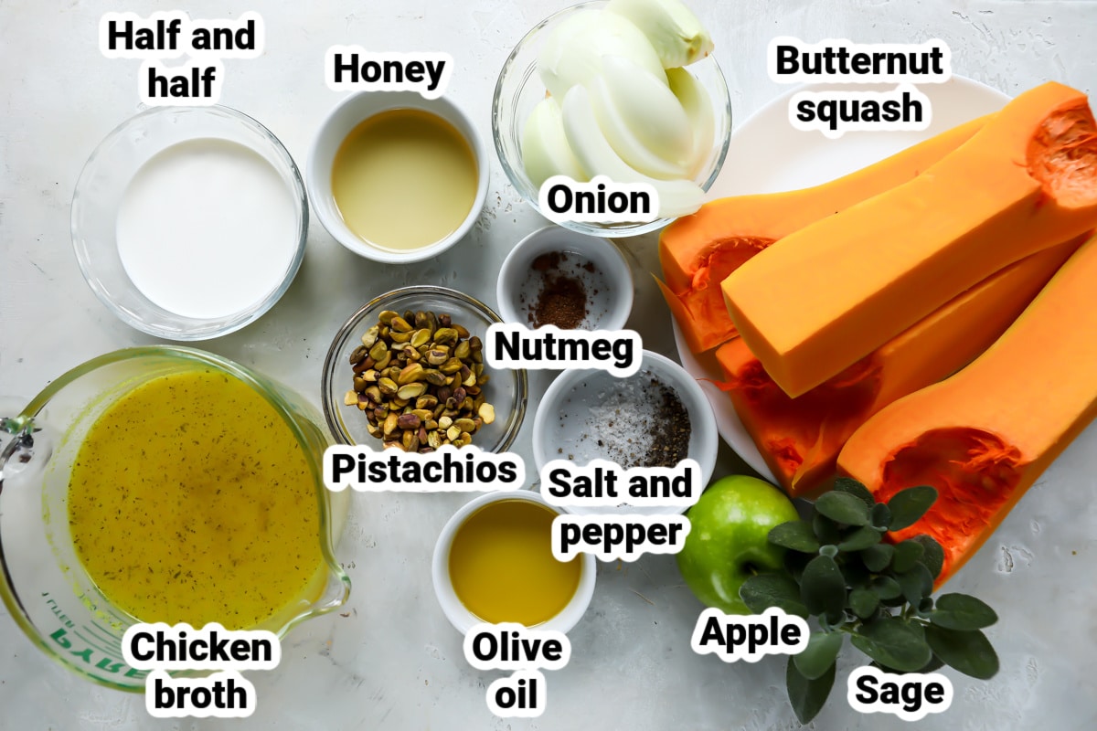 Labeled ingredients for butternut squash soup.