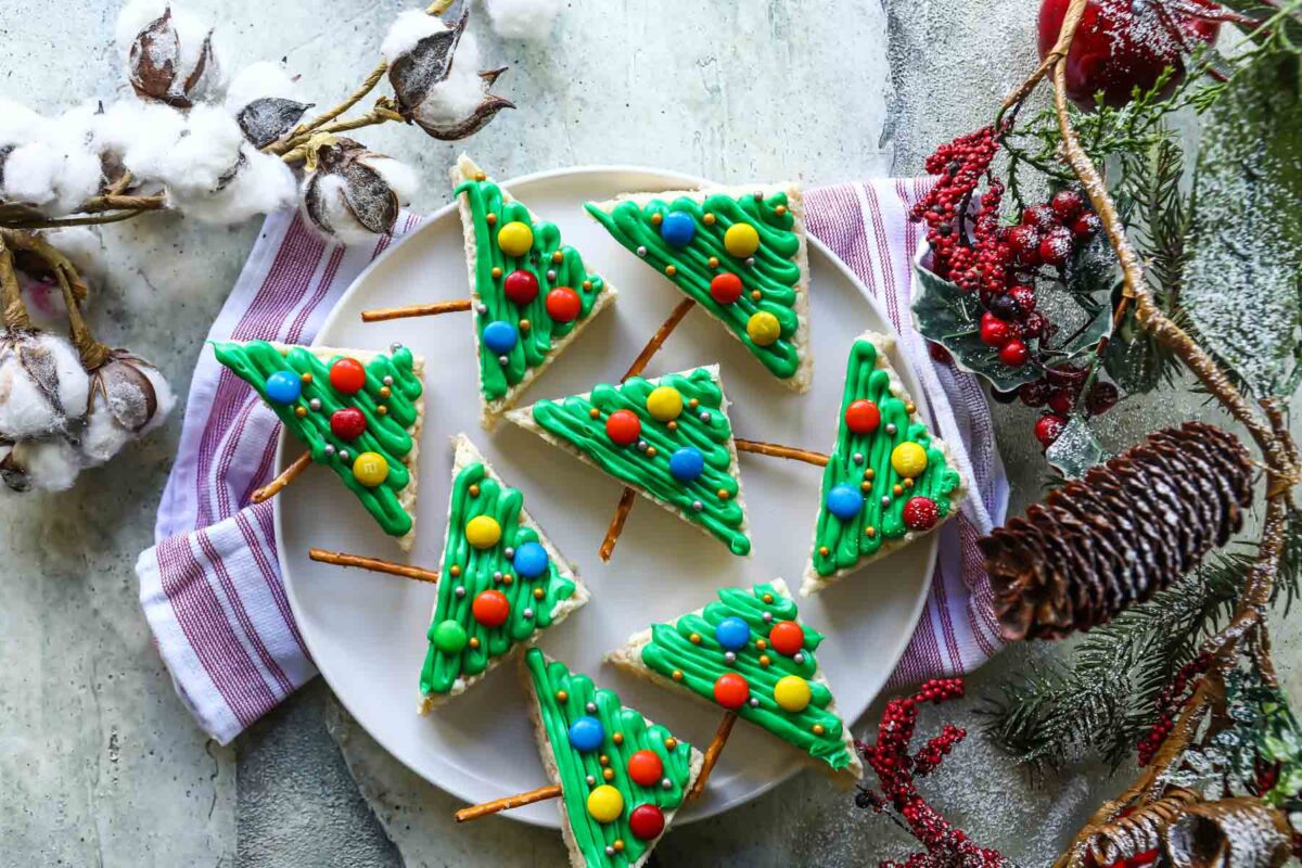 Rice Krispie treats shaped like Christmas trees.