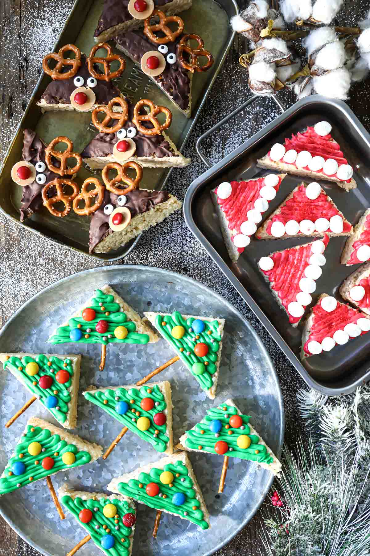 Christmas rice krispie treats on platters.