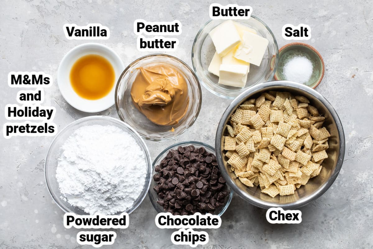Labeled ingredients for Christmas puppy chow.