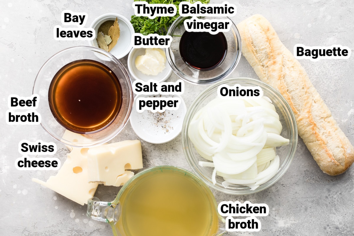 Labeled ingredients for French Onion Soup.