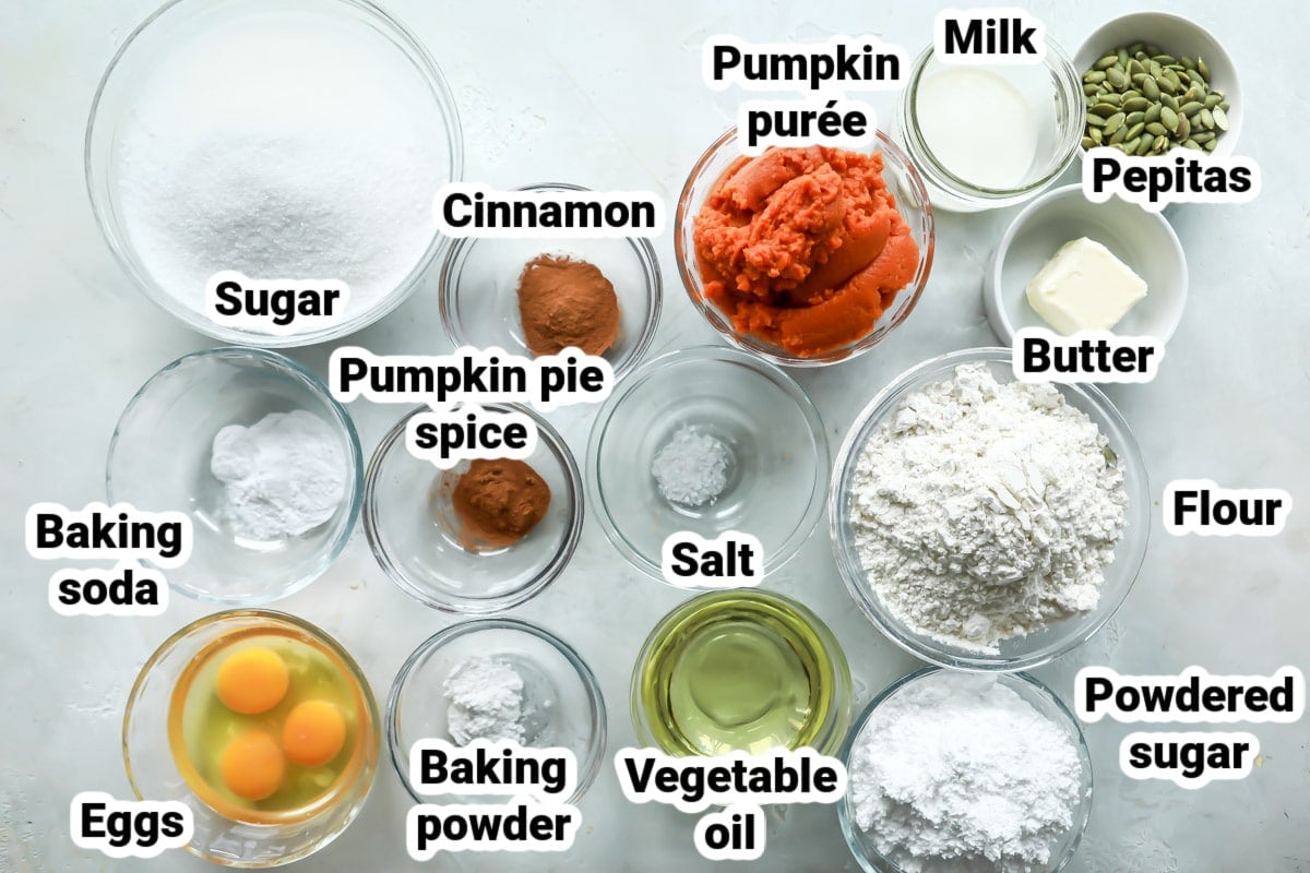 Labeled ingredients for pumpkin bread.