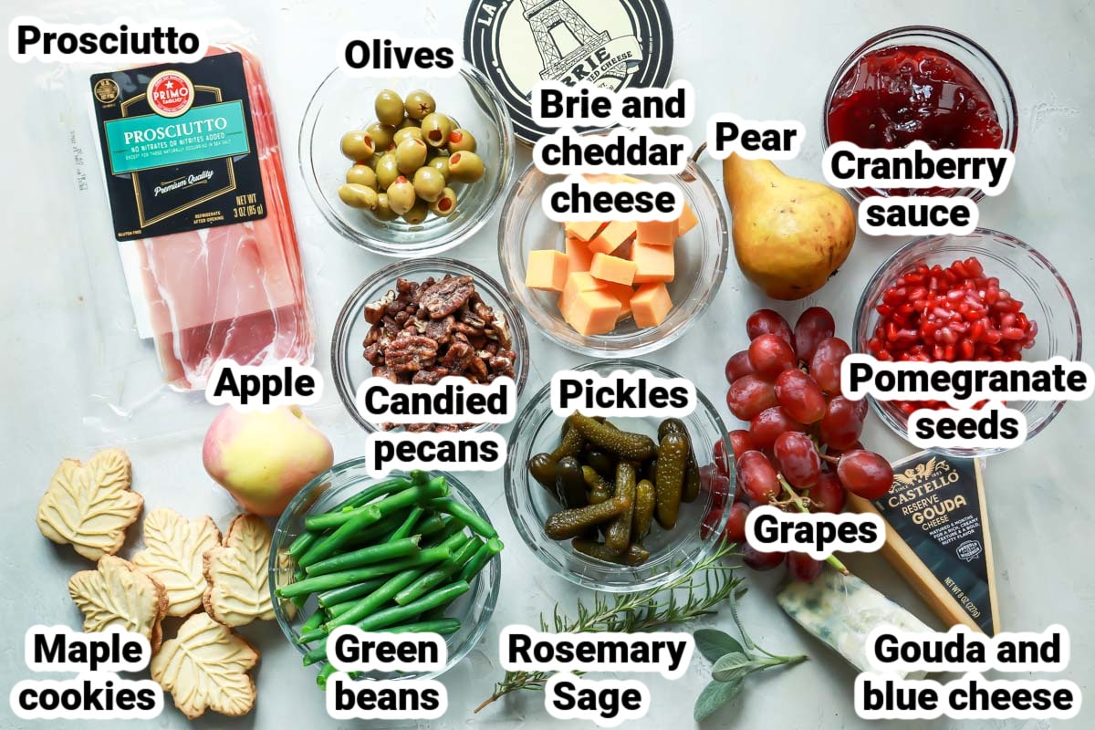 Labeled ingredients for a Thanksgiving Charcuterie Board.