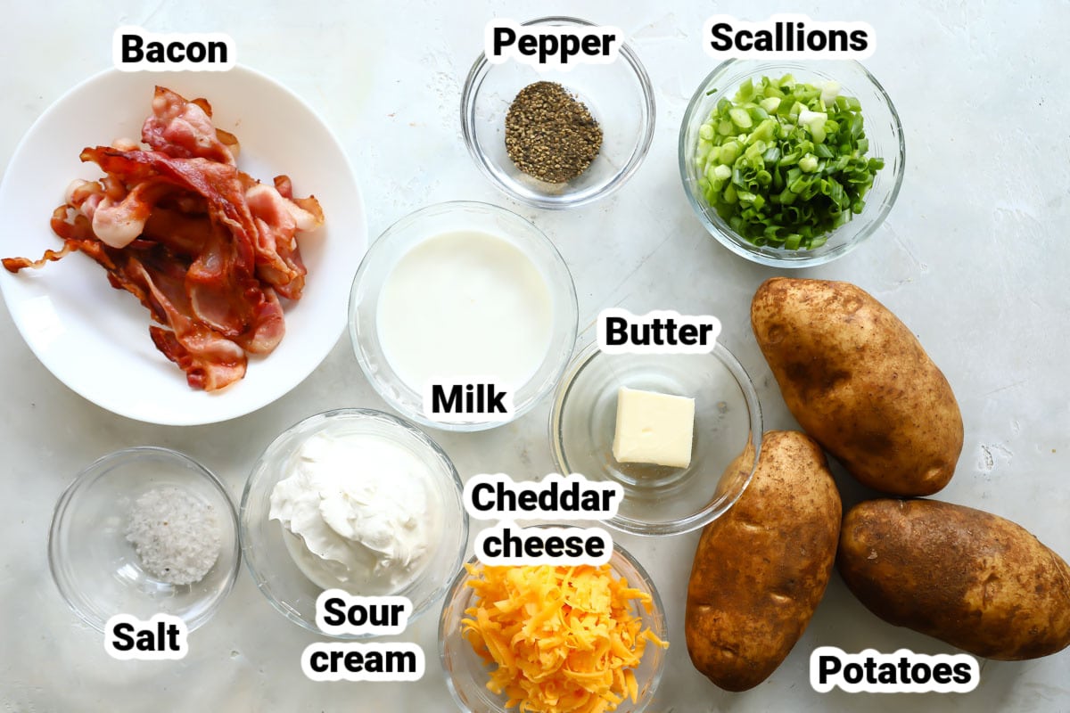Labeled ingredients for twice baked potato casserole.