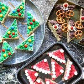 Christmas rice krispie treats on platters.