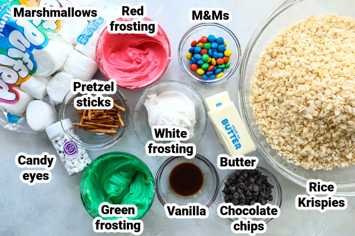Labeled ingredients for Christmas Rice Krispie Treats.