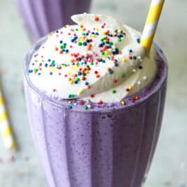 A Grimace shake on a countertop.