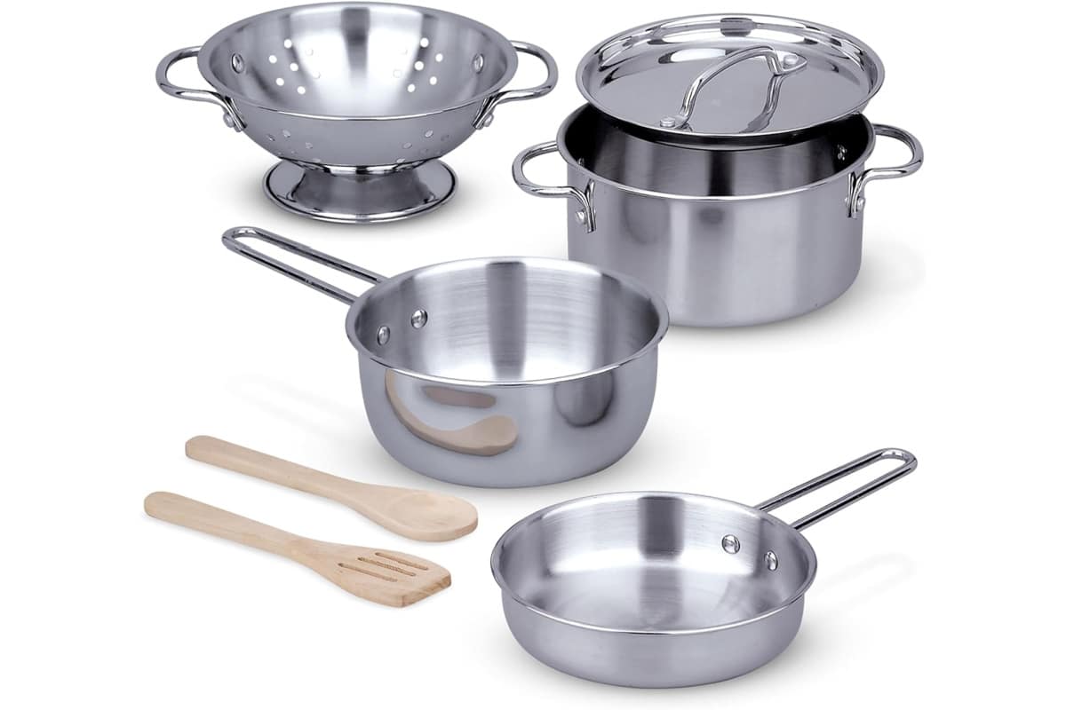 Melissa & Doug Stainless Steel Pots and Pans Pretend Play Kitchen Set for Kids (8 pcs) - Kids Kitchen Accessories Set, Toy Pots And Pans For Kids Kitchen, Cooking Toys For Kids Ages 3+