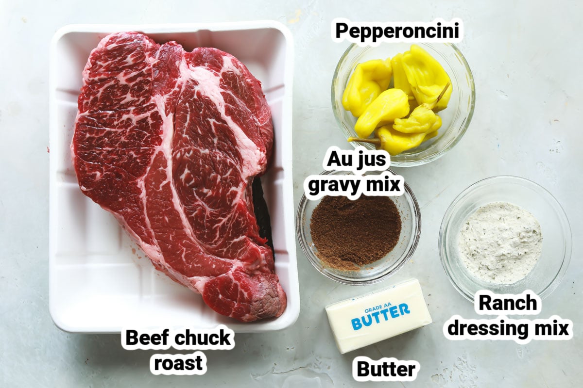 Labeled ingredients for Mississippi pot roast.