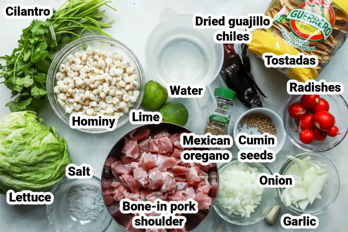 Labeled ingredients for Pozole Rojo.