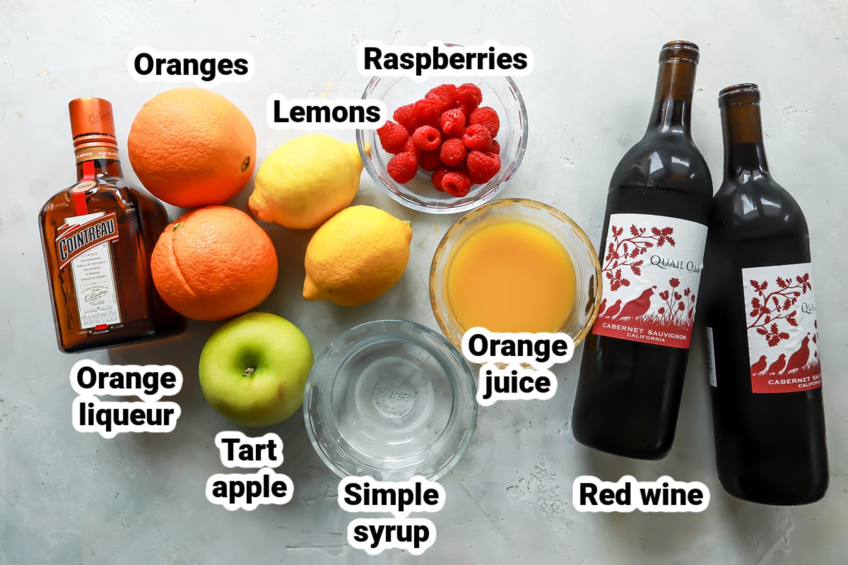 Labeled ingredients for red sangria.