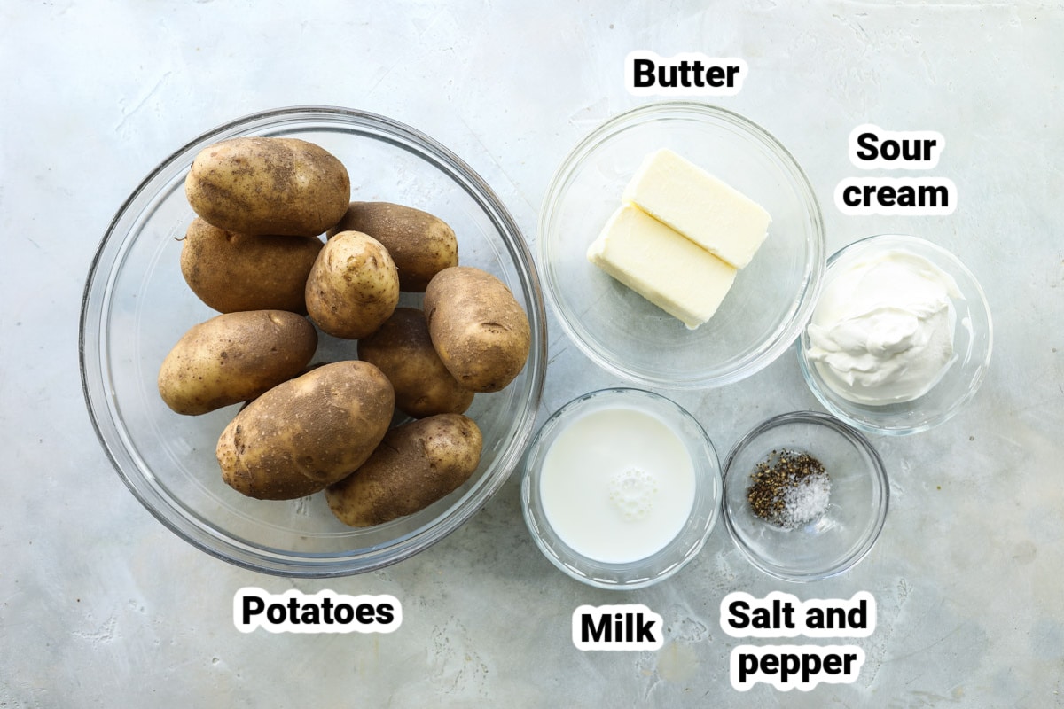Labeled ingredients for sour cream mashed potatoes.
