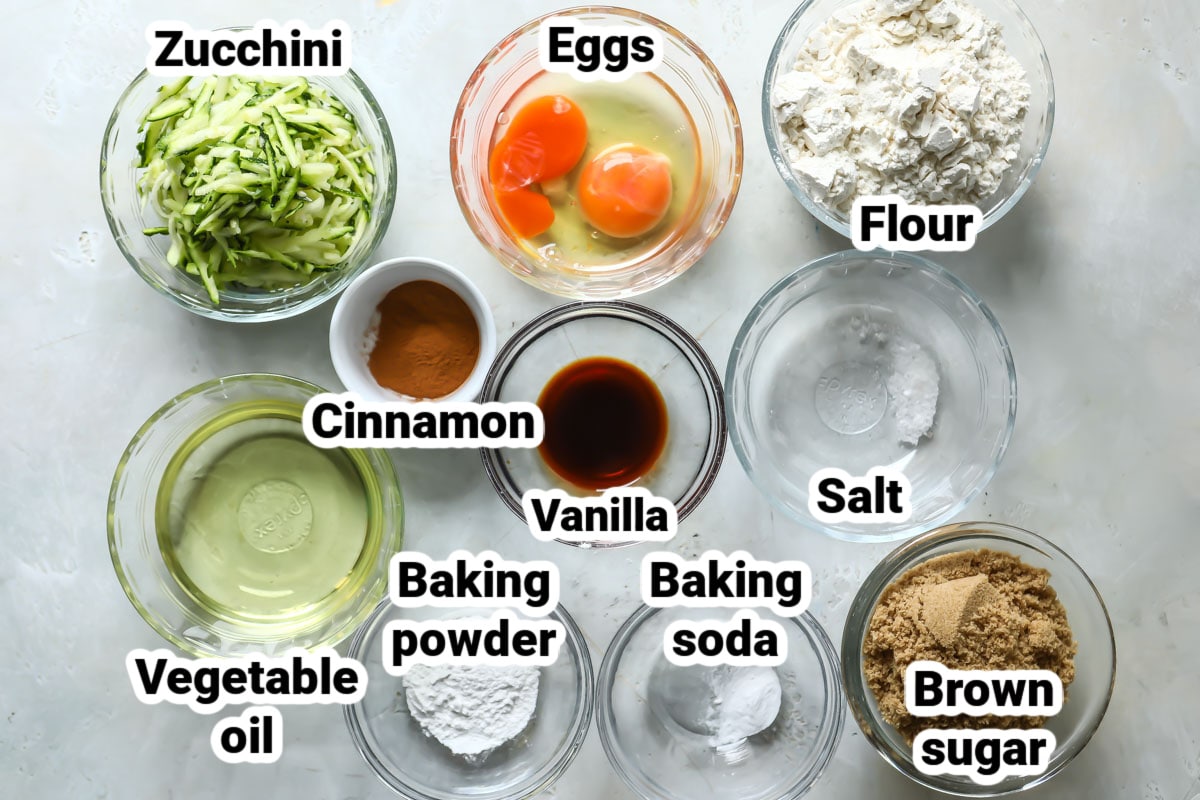 Labeled ingredients for zucchini bread.
