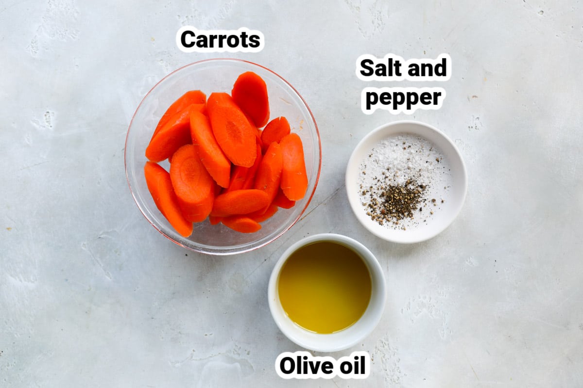 Labeled ingredients for air fryer carrots.