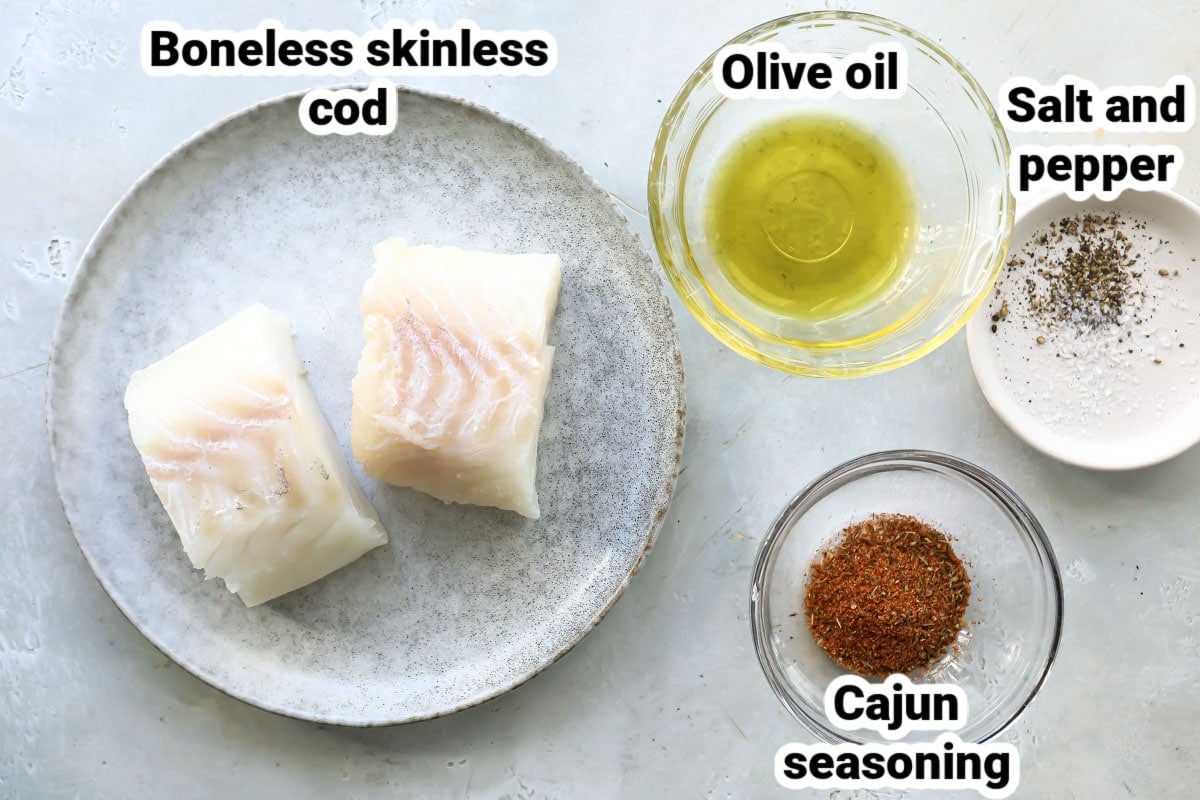 Labeled ingredients for air fryer cod.