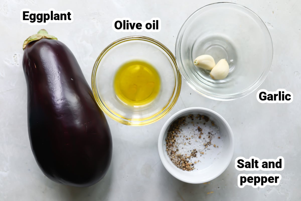 Labeled ingredients for air fryer eggplant.