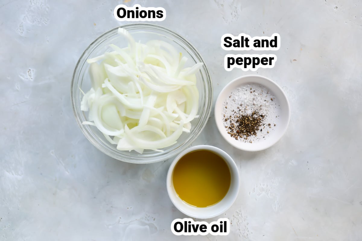 Labeled ingredients for air fryer onions.