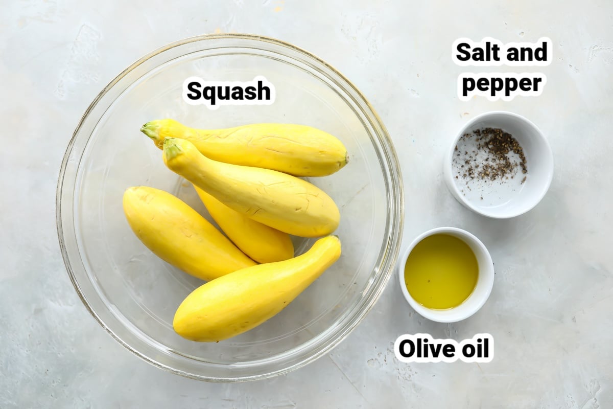 Labeled ingredients for air fryer squash.